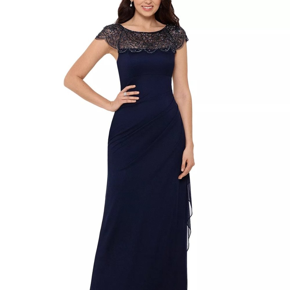 XSCAPE Beaded-Detail Gown Navy Size 16